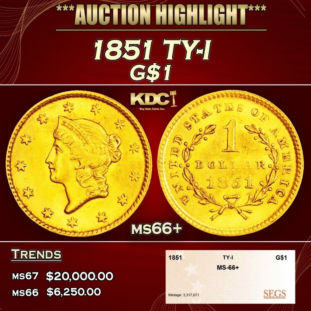 1851 Gold Dollar TY-I $1 ms66+ SEGS: 1851 TY-I Gold Dollar $1 ms66+ SEGS. 0