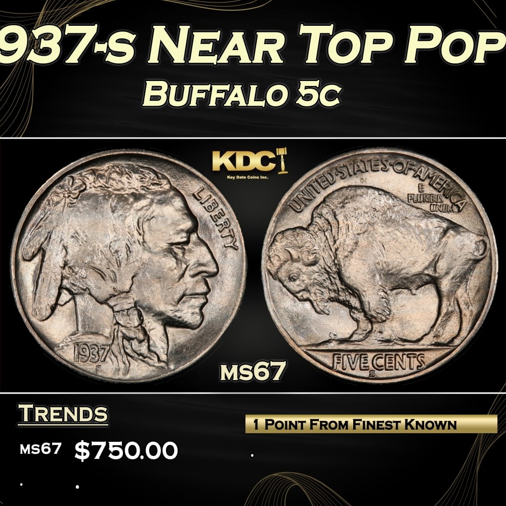 1937-s Buffalo Nickel Near Top Pop 5c ms67 SEGS: 1937-s Near Top Pop Buffalo Nickel 5c ms67 SEGS.