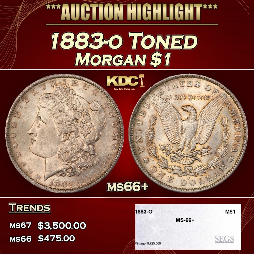 1883-o Morgan Dollar Toned $1 ms66+ SEGS: 1883-o Toned Morgan Dollar $1 ms66+ SEGS. 0