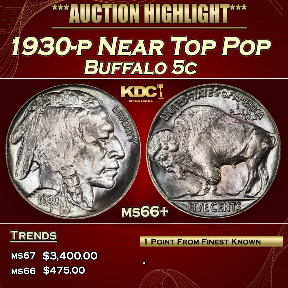 1930-p Buffalo Nickel Near Top Pop 5c ms66+ SEGS: 1930-p Near Top Pop Buffalo Nickel 5c ms66+ SEGS.