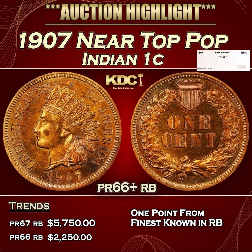 1907 Proof Indian Cent Near Top Pop 1c pr66+ rb SEGS: 1907 Near Top Pop Indian Cent 1c pr66+ rb SEGS. 0