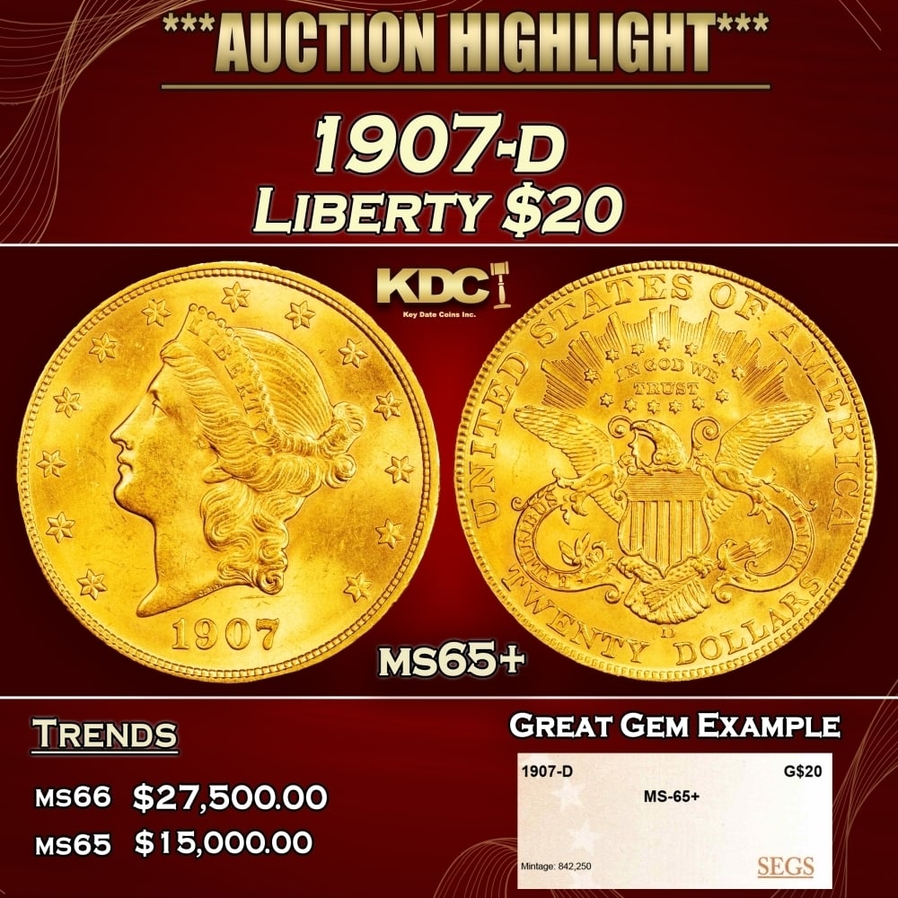 1907-d Gold Liberty Double Eagle $20 ms65+ SEGS: 1907-d Gold Liberty Double Eagle $20 ms65+ SEGS. 0