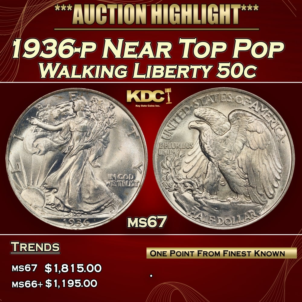 1936-p Walking Liberty Half Dollar Near Top Pop 50c ms67 SEGS: 1936-p Near Top Pop Walking Liberty Half Dollar 50c ms67 SEGS.