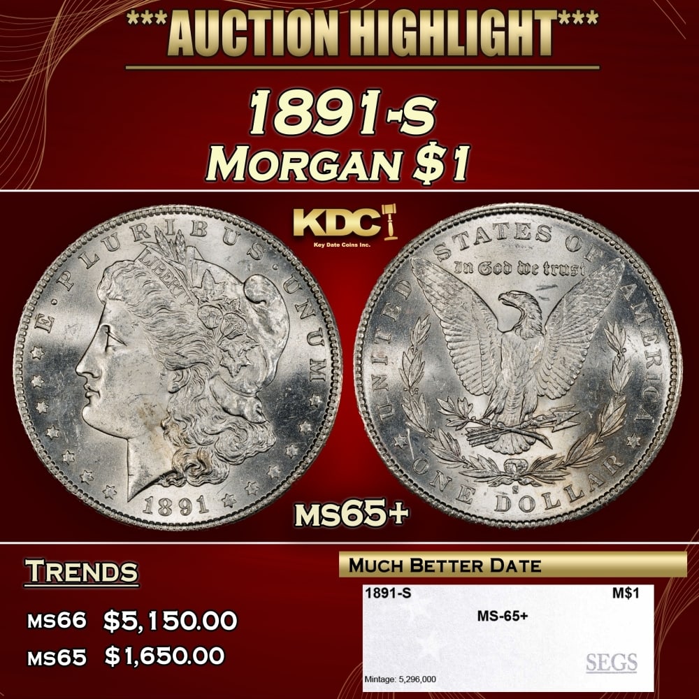 1891-s Morgan Dollar $1 ms65+ SEGS: 1891-s Morgan Dollar $1 ms65+ SEGS. 0