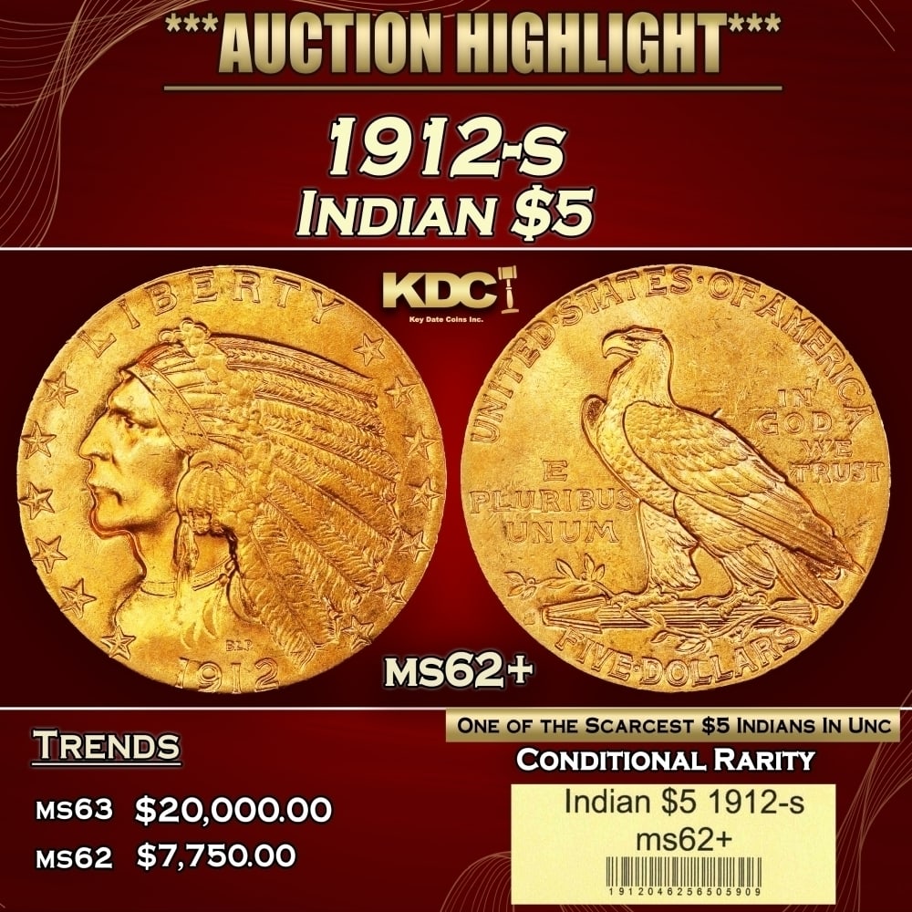 1912-s Gold Indian Half Eagle $5 ms62+ USCG: 1912-s Gold Indian Half Eagle $5 ms62+ USCG. This is a boldly colored example displaying rose-honey surfaces. It is also sharply struck in most areas with pleasing satin luster. The S mintmark is typi