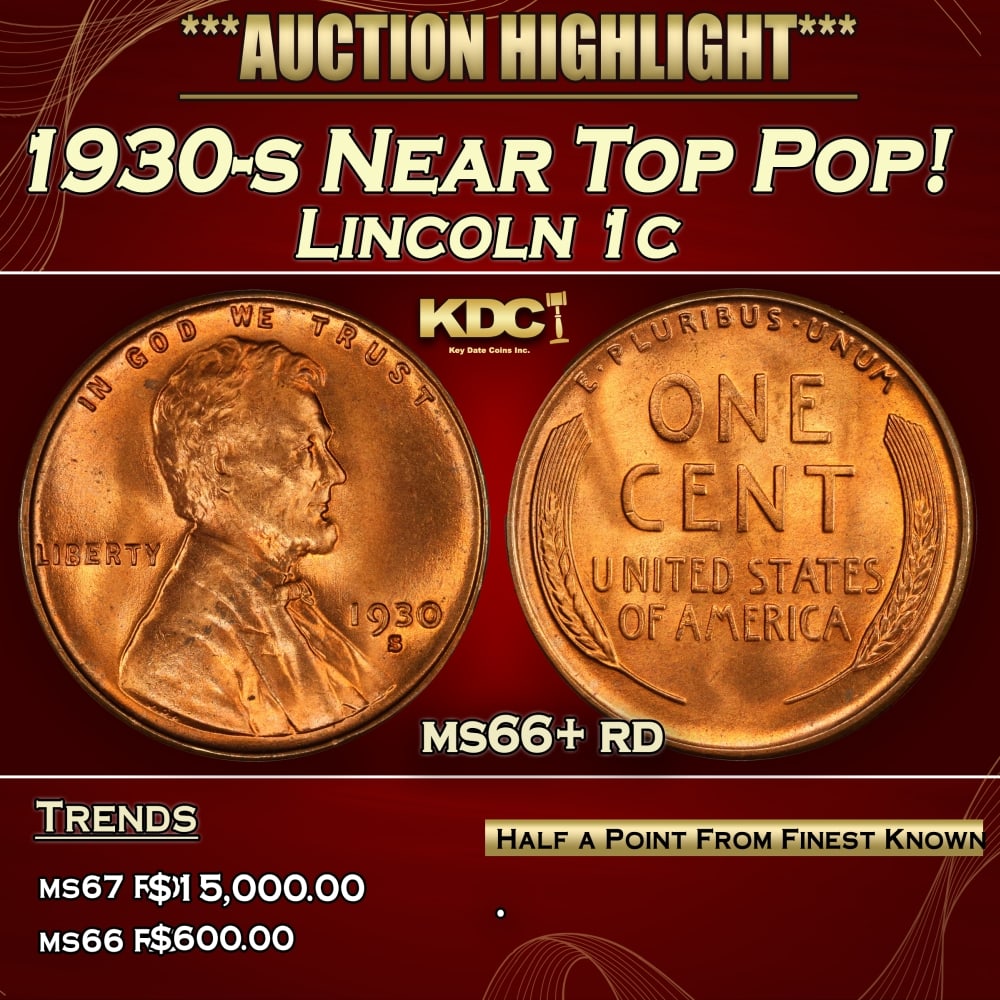 1930-s Lincoln Cent Near Top Pop! 1c ms66+ rd SEGS: 1930-s Near Top Pop! Lincoln Cent 1c ms66+ rd SEGS. 0