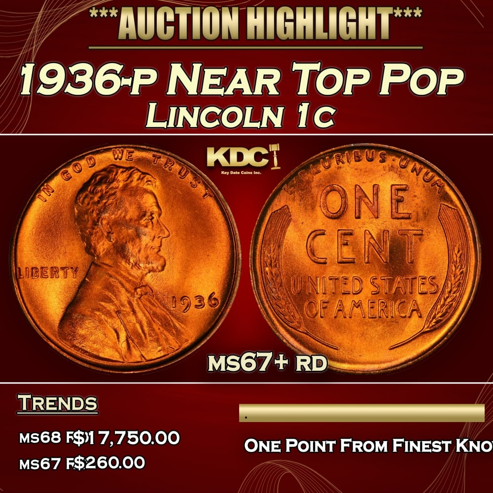 1936-p Lincoln Cent Near Top Pop 1c ms67+ rd SEGS (1 of 3)