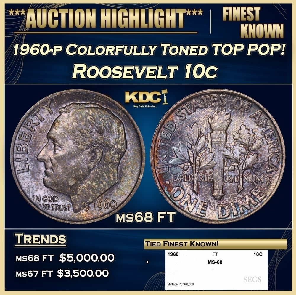 1960-p Roosevelt Dime Colorfully Toned TOP POP! 10c ms68 FT SEGS: 1960-p Colorfully Toned TOP POP! Roosevelt Dime 10c ms68 FT SEGS. 0