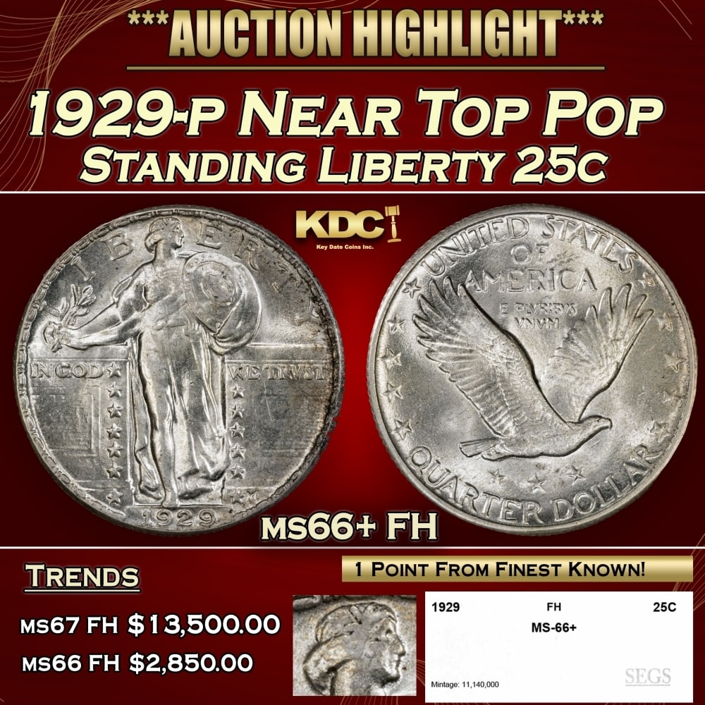 1929-p Standing Liberty Quarter Near Top Pop 25c ms66+ FH SEGS: 1929-p Near Top Pop Standing Liberty Quarter 25c ms66+ FH SEGS. 0