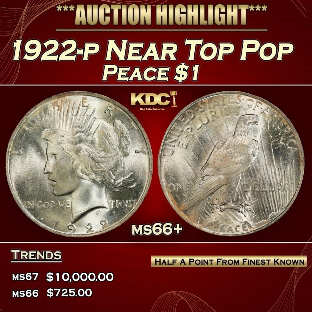 1922-p Peace Dollar Near Top Pop $1 ms66+ SEGS: 1922-p Near Top Pop Peace Dollar $1 ms66+ SEGS. 0