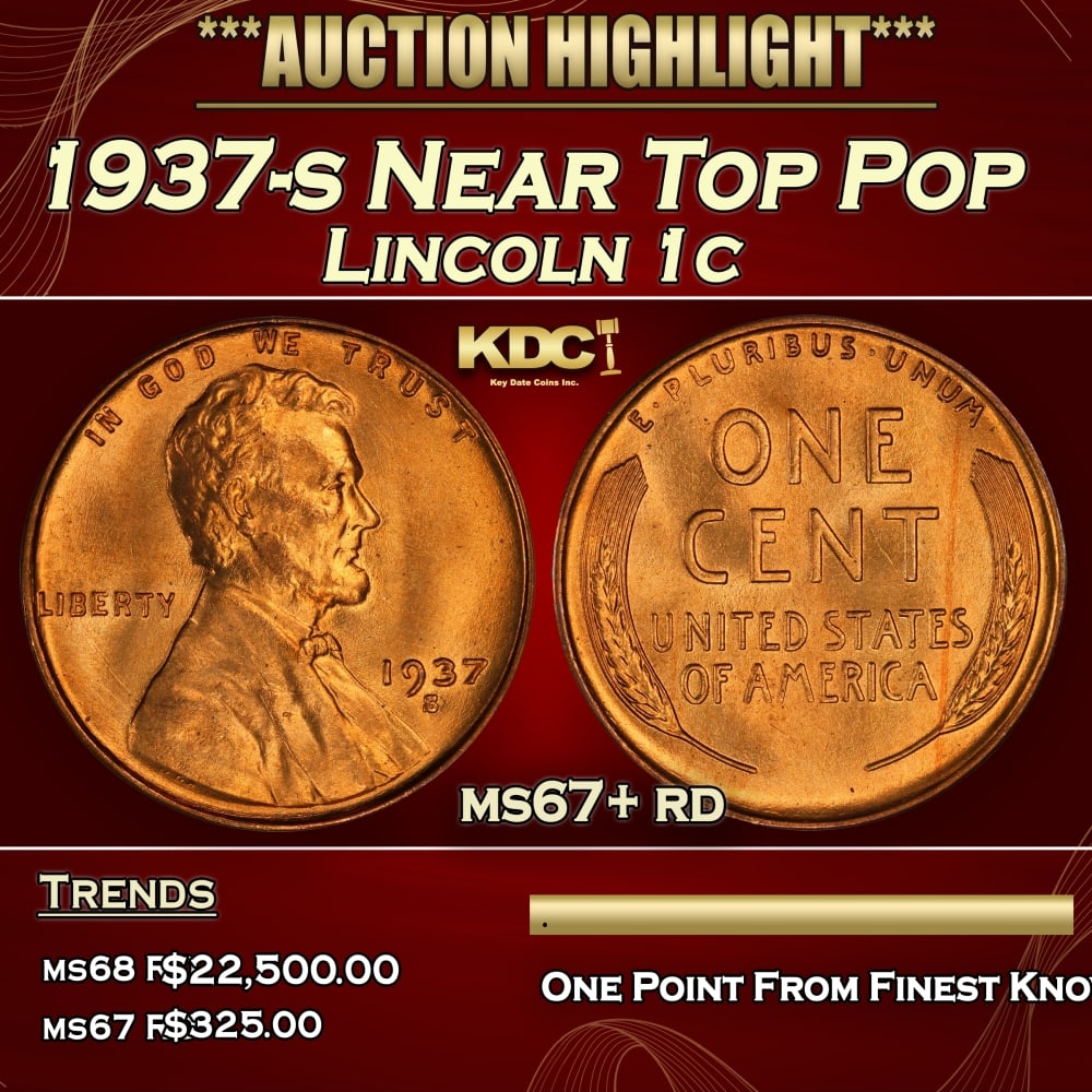 1937-s Lincoln Cent Near Top Pop 1c ms67+ rd SEGS: 1937-s Near Top Pop Lincoln Cent 1c ms67+ rd SEGS. 0