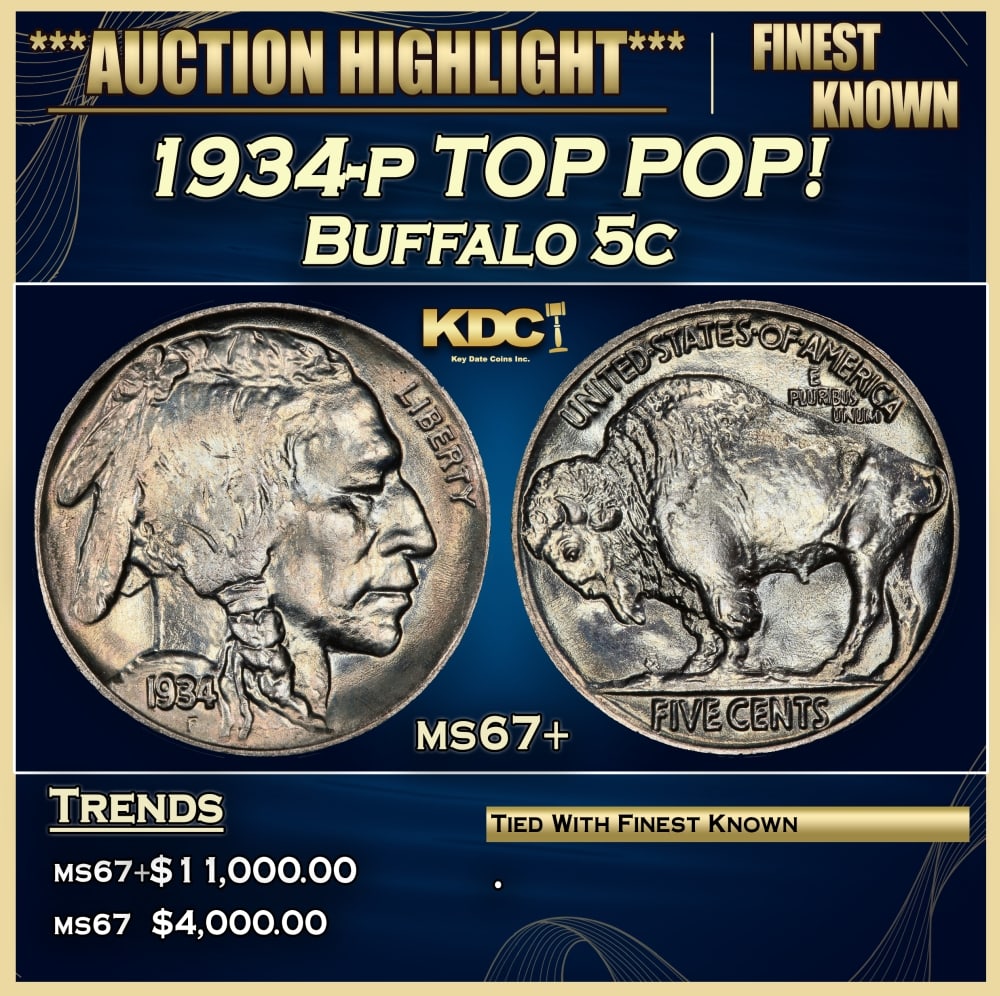 1934-p Buffalo Nickel TOP POP! 5c ms67+ SEGS: 1934-p TOP POP! Buffalo Nickel 5c ms67+ SEGS.