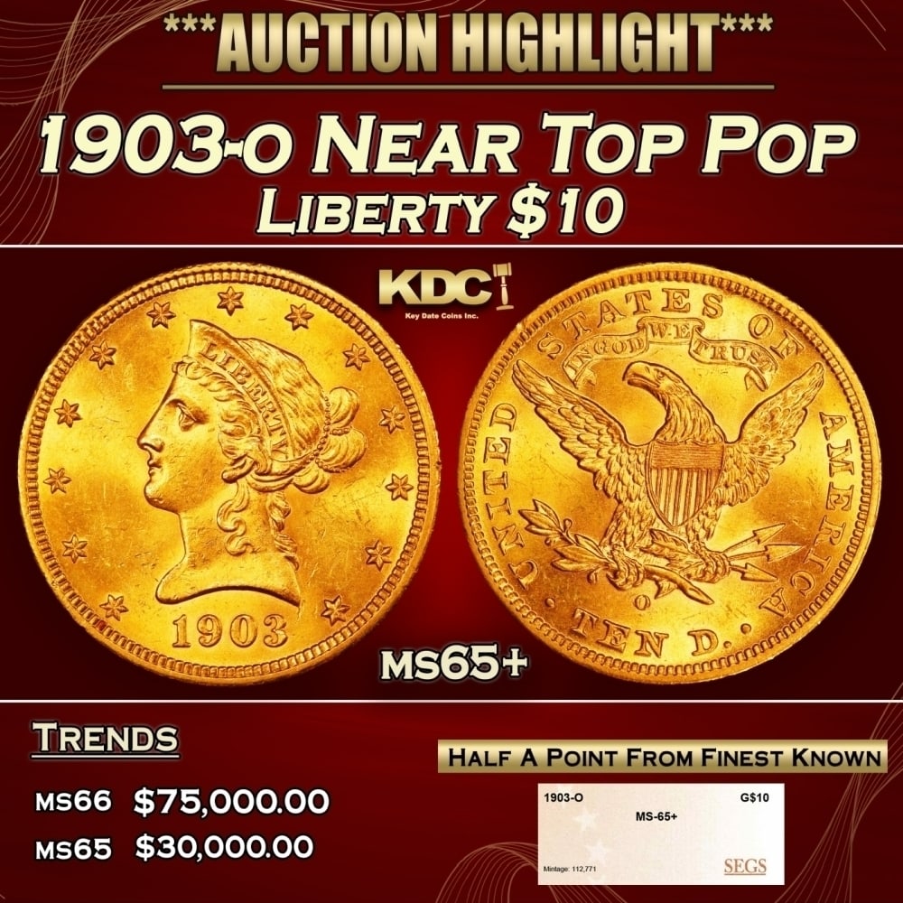 1903-o Gold Liberty Eagle Near Top Pop $10 ms65+ SEGS: 1903-o Near Top Pop Gold Liberty Eagle $10 ms65+ SEGS. 0