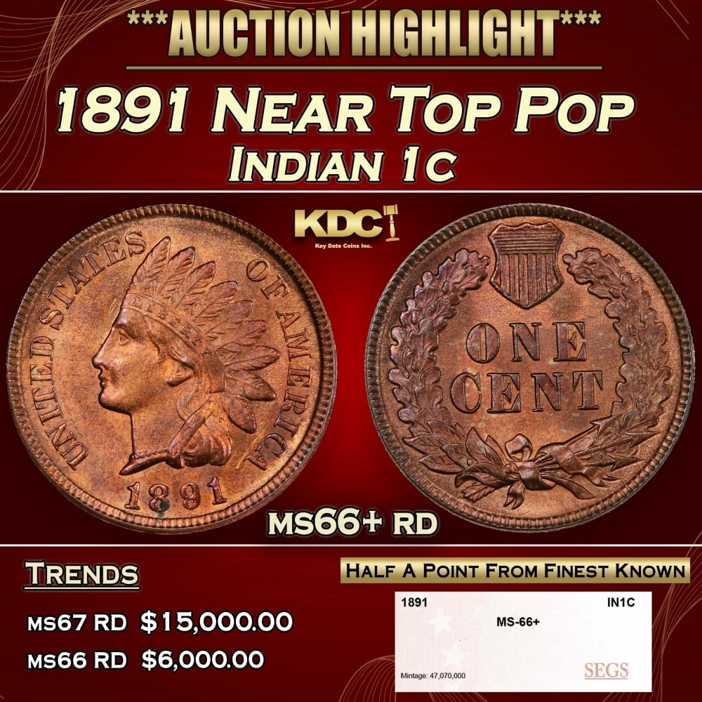 1891 Indian Cent Near Top Pop 1c ms66+ rd SEGS: 1891 Near Top Pop Indian Cent 1c ms66+ rd SEGS. 0