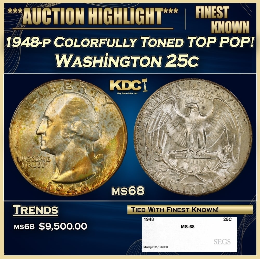 1948-p Washington Quarter Colorfully Toned TOP POP! 25c ms68 SEGS: 1948-p Colorfully Toned TOP POP! Washington Quarter 25c ms68 SEGS. 0