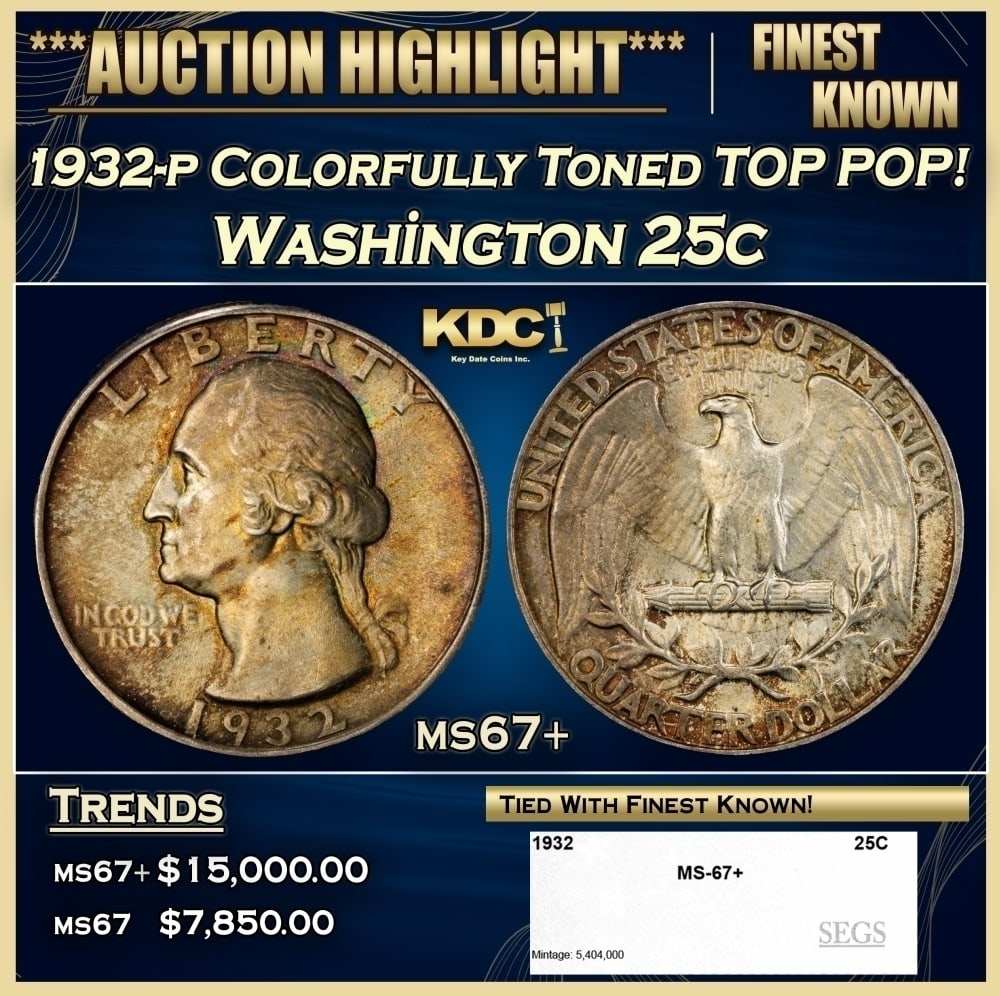 1932-p Washington Quarter Colorfully Toned TOP POP! 25c ms67+ SEGS: 1932-p Colorfully Toned TOP POP! Washington Quarter 25c ms67+ SEGS. 0