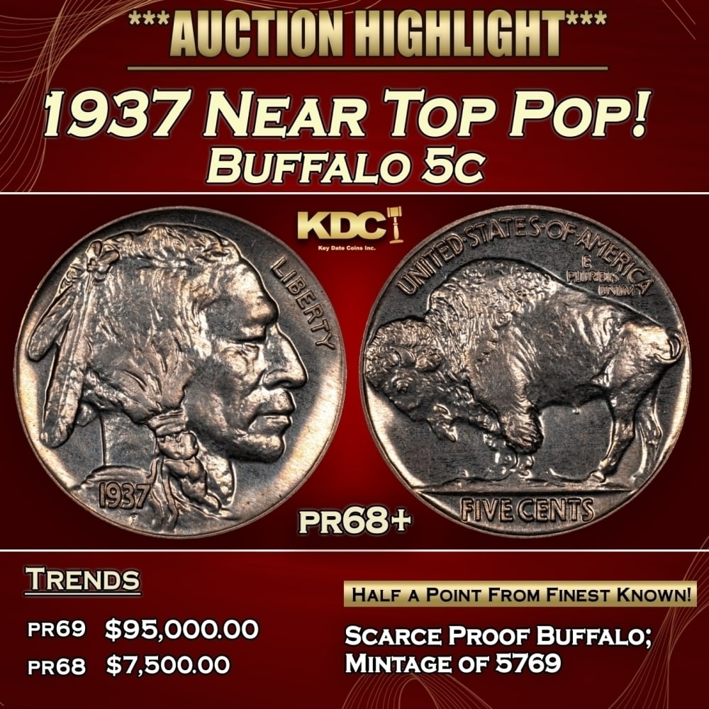 1937 Proof Buffalo Nickel Near Top Pop! 5c pr68+ SEGS: 1937 Near Top Pop! Buffalo Nickel 5c pr68+ SEGS. 0