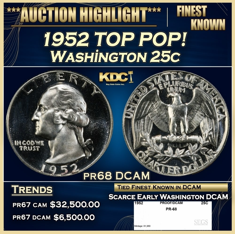 1952 Proof Washington Quarter TOP POP! 25c pr68 DCAM SEGS: 1952 TOP POP! Washington Quarter 25c pr68 DCAM SEGS. 0