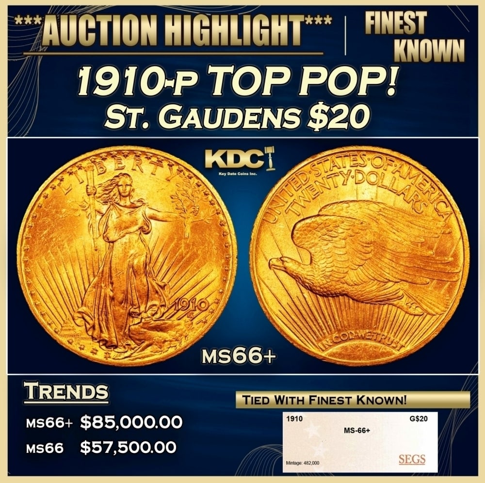 1910-p Gold St. Gaudens Double Eagle TOP POP! $20 ms66+ SEGS: 1910-p TOP POP! Gold St. Gaudens Double Eagle $20 ms66+ SEGS. 0