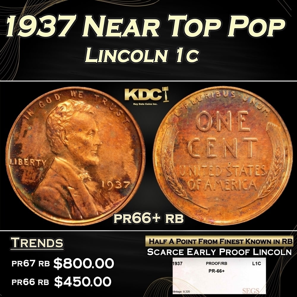 1937 Proof Lincoln Cent Near Top Pop 1c pr66+ rb SEGS (1 of 4)