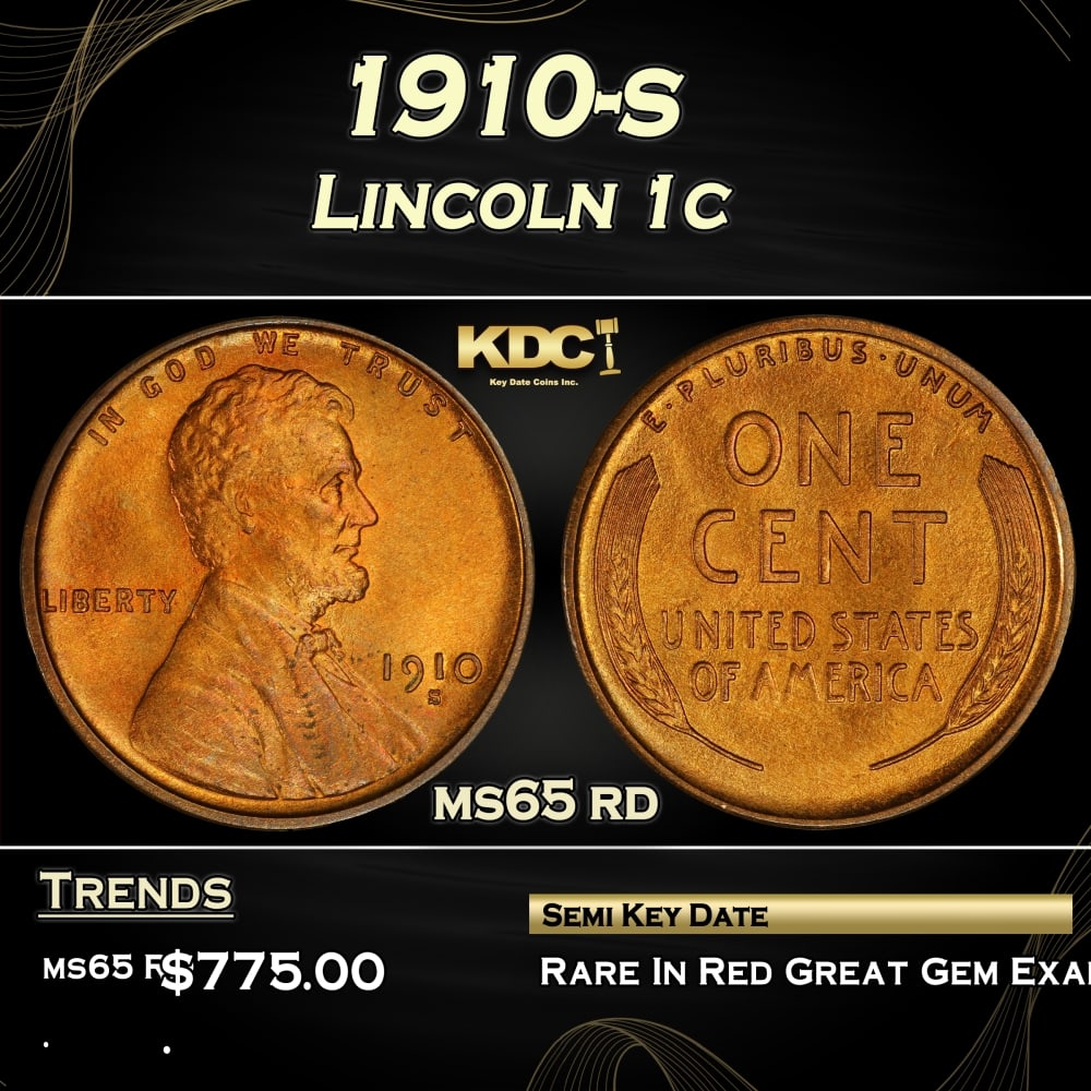 1910-s Lincoln Cent 1c Grades ms65 rd: 1910-s Lincoln Cent 1c Grades ms65 rd. Semi Key Date. Per David Hall of PCGS "The 1910-s has long been considered a semi-key date in circulated grades" 0