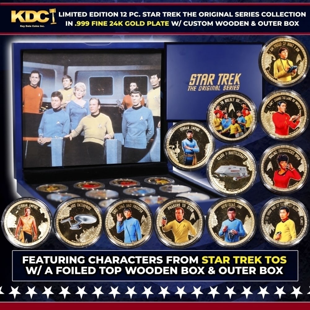 Limited Edition 12 Coin Star Trek The Original Series B Gold Plated Collection In Custom WOODEN Box: Limited Edition 12 Coin Star Trek The Original Series B Gold Plated Collection In Custom WOODEN Box W/ Special Backer card. Please Note All Backer Cards may have slight differences but will be very si
