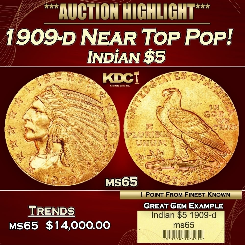 1909-d Gold Indian Half Eagle Near Top Pop! $5 ms65 USCG: 1909-d Near Top Pop! Gold Indian Half Eagle $5 ms65 USCG. Offered is an extraordinary example of this otherwise readily obtainable Indian half eagle issue. Intensely lustrous and satiny, the surfaces 