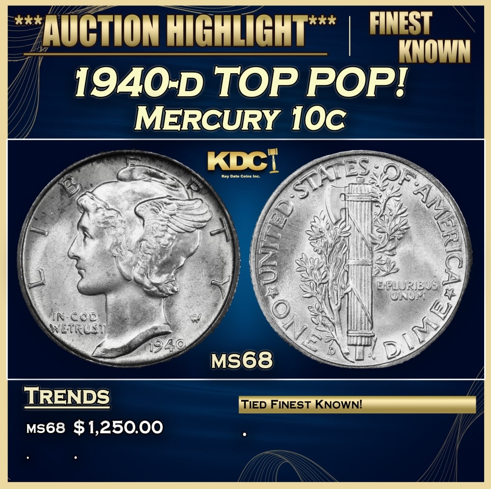 1940-d Mercury Dime TOP POP! 10c ms68 SEGS: 1940-d TOP POP! Mercury Dime 10c ms68 SEGS.
