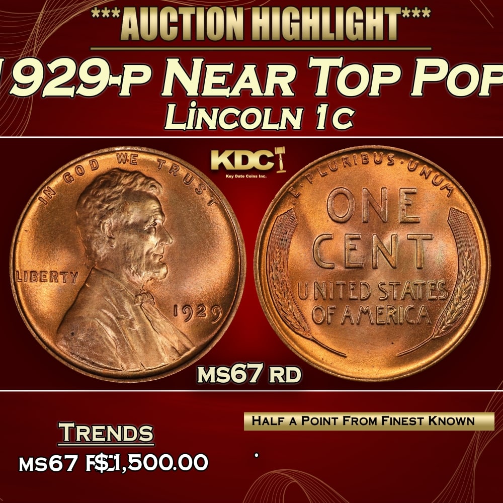 1929-p Lincoln Cent Near Top Pop! 1c ms67 rd SEGS: 1929-p Near Top Pop! Lincoln Cent 1c ms67 rd SEGS. 0