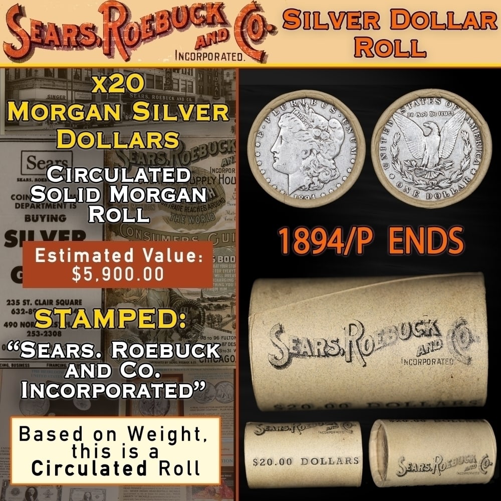 20 SEARS Circ Morgan Dollar $1 Roll Silver 1894/'P' Rev Ends: 20 SEARS Circ Morgan Dollar $1 Roll Silver 1894/'P' Rev Ends. Up For Auction is a 64- 20 SEARS Circ Morgan Dollar $1 Roll Silver 1894/'P' Rev Ends Roll Weighing 527.9 g Based On this weight this is a 