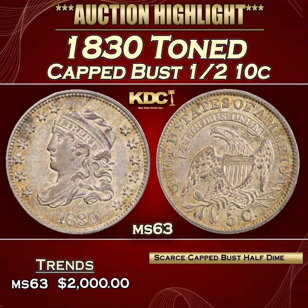 1830 Capped Bust Half Dime Toned 1/2 10c ms63 USCG (1 of 3)
