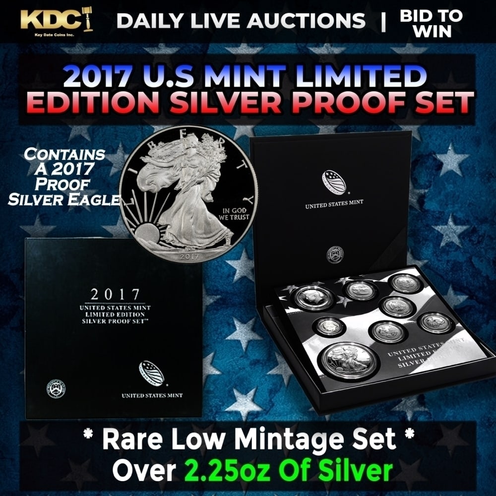 RARE 2017 United States Mint Limited Edition Silver Proof Set 8 coins, Over 2.25oz Of Silver low: RARE 2017 United States Mint Limited Edition Silver Proof Set 8 coins, Over 2.25oz Of Silver low mintage. DESCRIPTION The 2017 United States Mint Limited Edition Silver Proof Set contains eight coins 