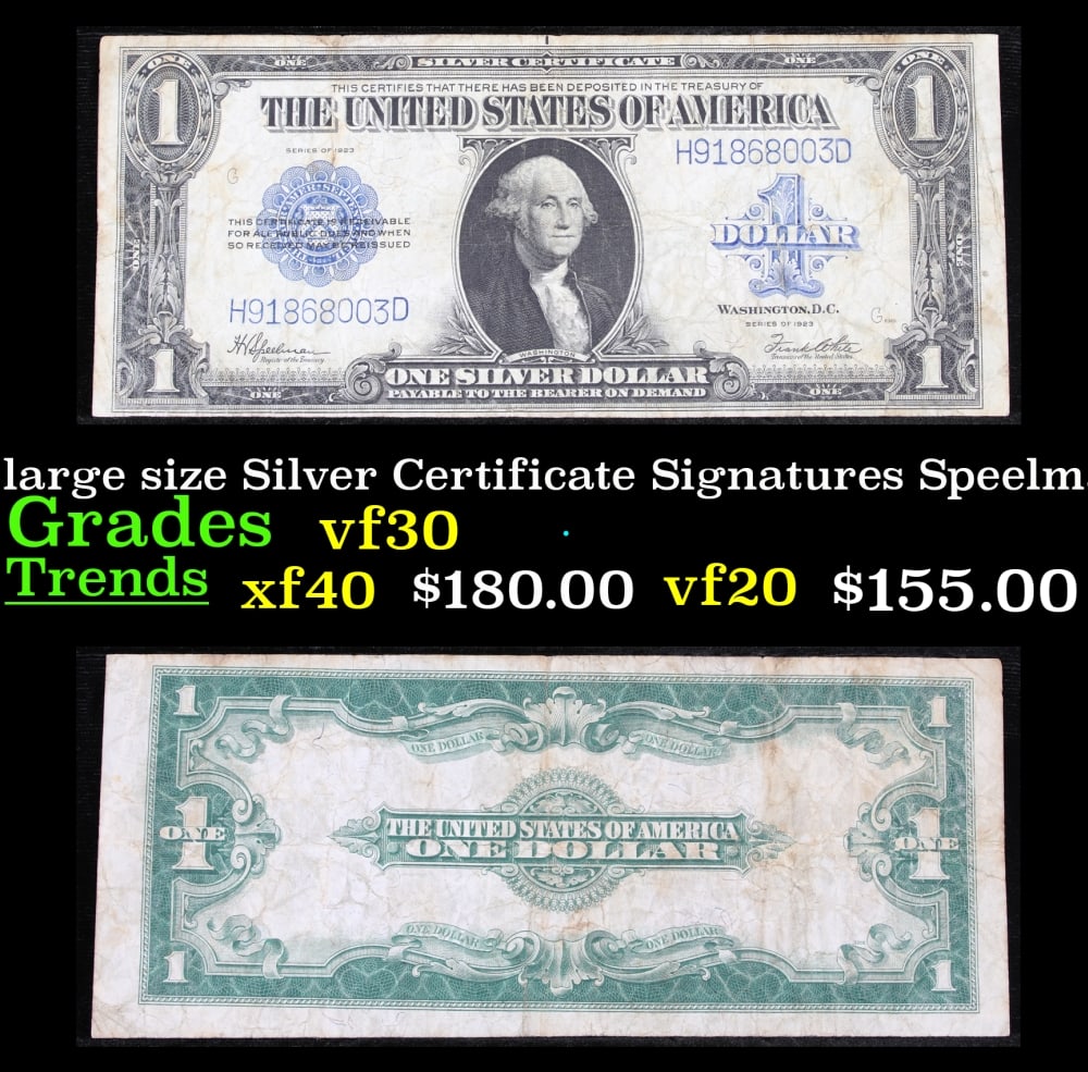 1923 $1 large size Silver Certificate Grades vf++ Signatures Speelman/White: 1923 $1 large size Silver Certificate Grades vf++ Signatures Speelman/White. Fr-237 The term “horse blanket” gets used a lot when talking about large size currency. It is most frequently used 