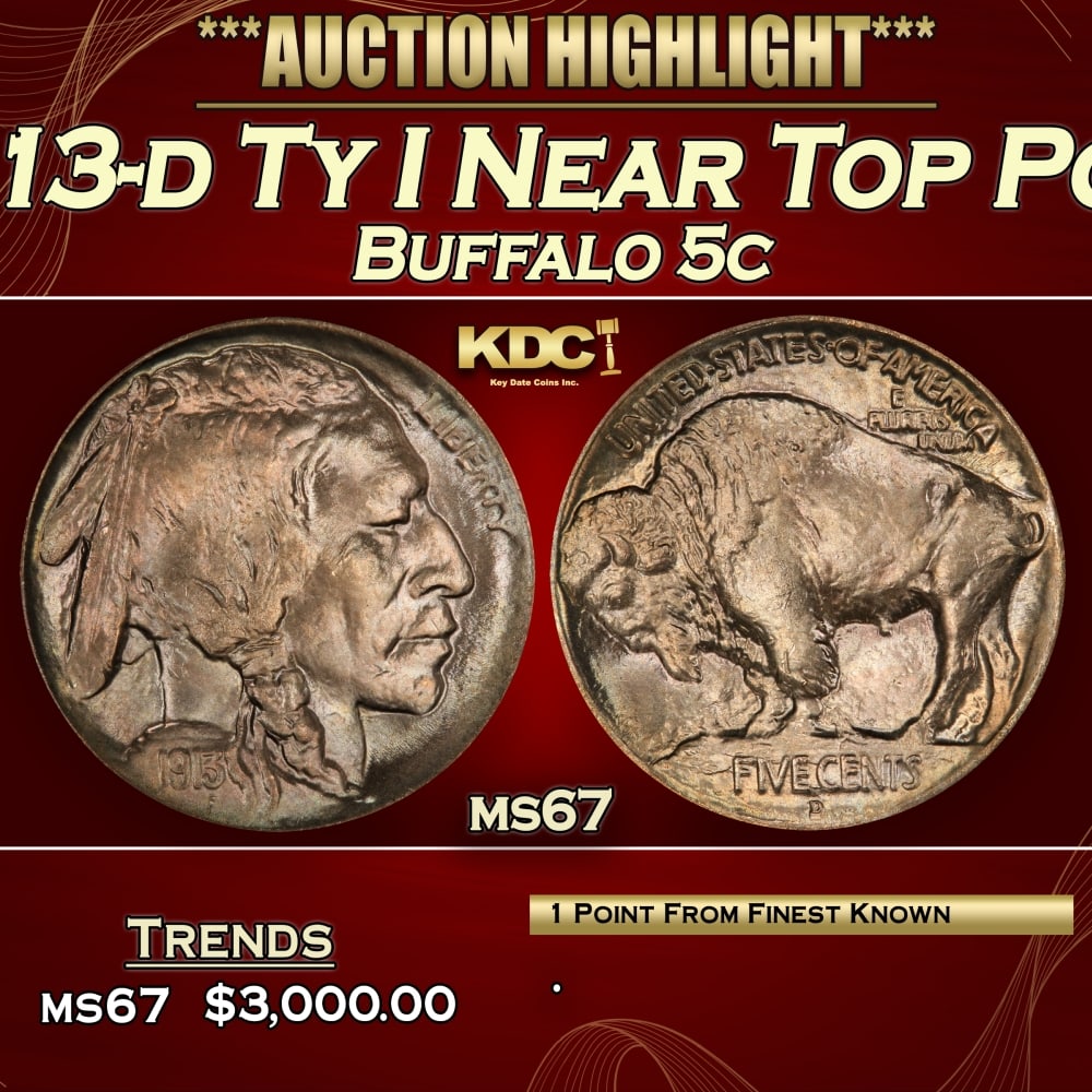 1913-d Ty I Buffalo Nickel Near Top Pop! 5c ms67 SEGS: 1913-d Ty I Near Top Pop! Buffalo Nickel 5c ms67 SEGS.