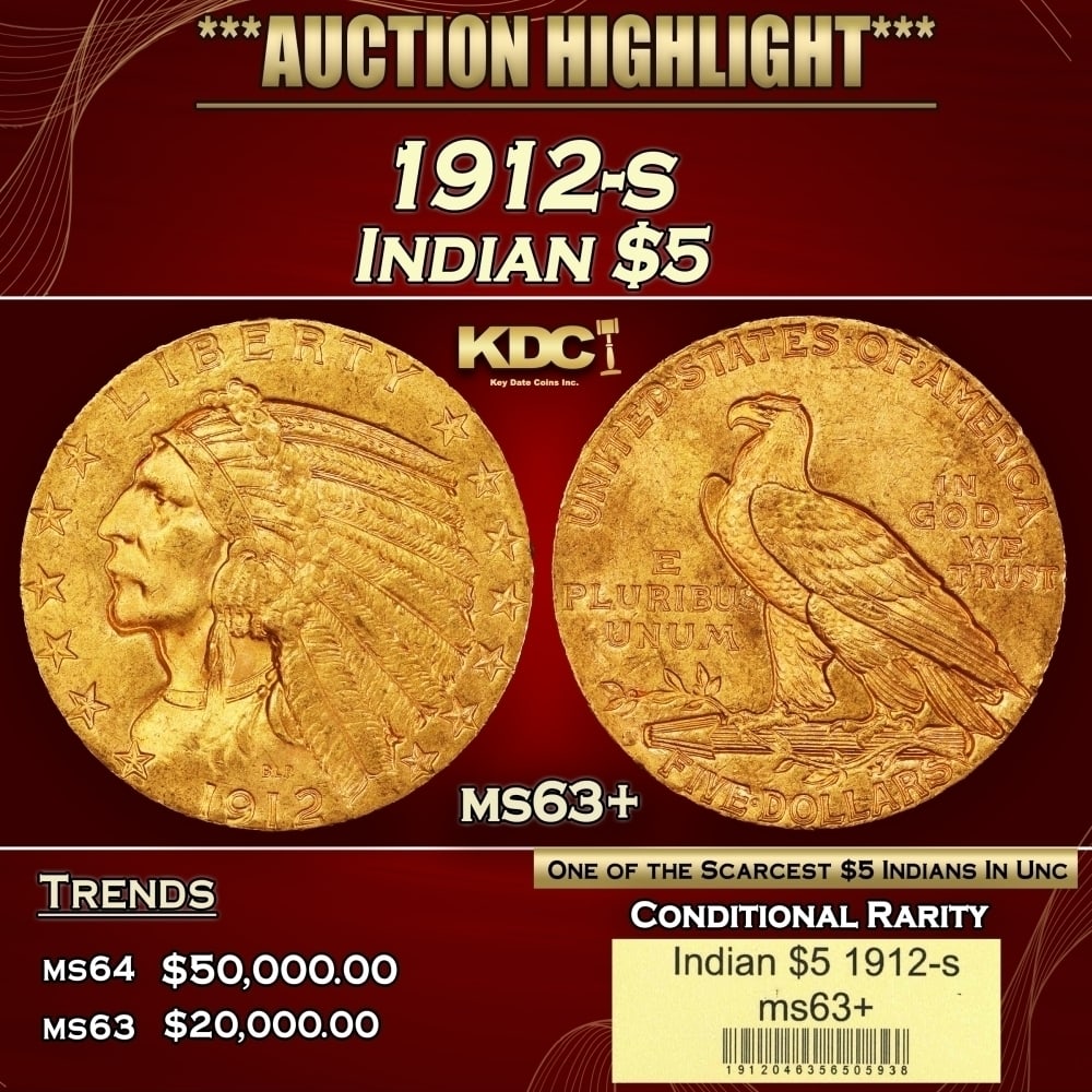 1912-s Gold Indian Half Eagle $5 ms63+ USCG: 1912-s Gold Indian Half Eagle $5 ms63+ USCG. This is a boldly colored example displaying rose-honey surfaces. It is also sharply struck in most areas with pleasing satin luster. The S mintmark is typi