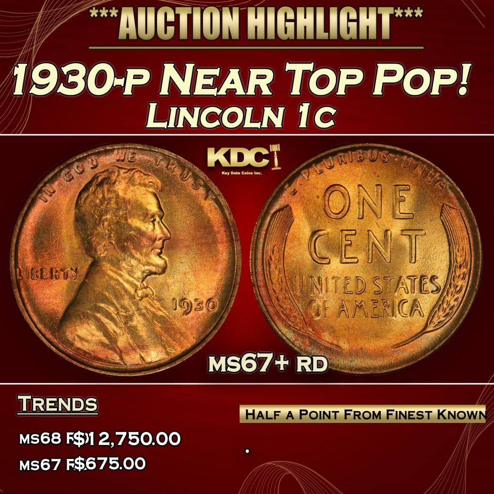 1930-p Lincoln Cent Near Top Pop! 1c ms67+ rd SEGS (1 of 3)