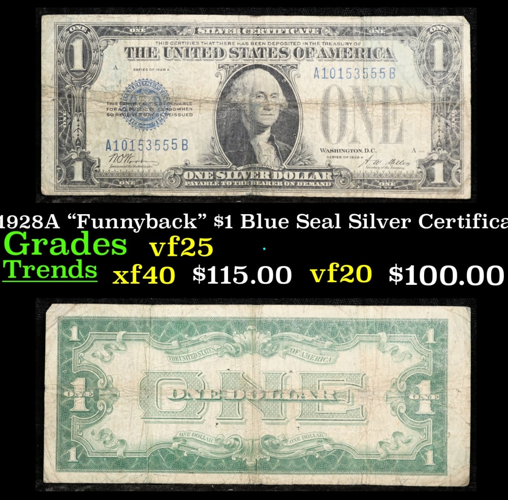 1928A $1 Blue Seal Silver Certificate "Funnyback" Grades vf+: 1928A $1 Blue Seal Silver Certificate "Funnyback" Grades vf+. FR-1601 Signatures Woods-Mellon These were the first notes to be called funnybacks. The reason they are called funnybacks is because of th