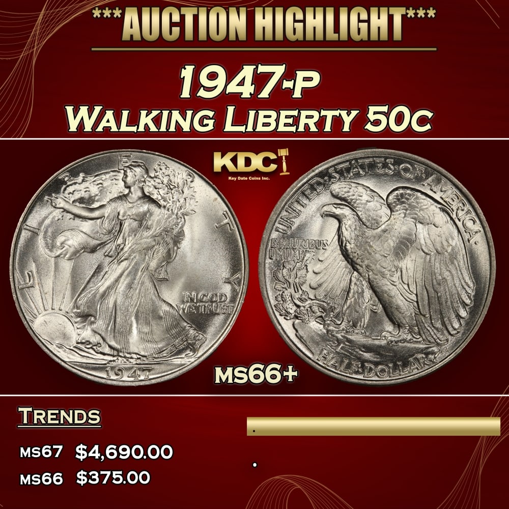 1947-p Walking Liberty Half Dollar 50c ms66+ SEGS: 1947-p Walking Liberty Half Dollar 50c ms66+ SEGS.