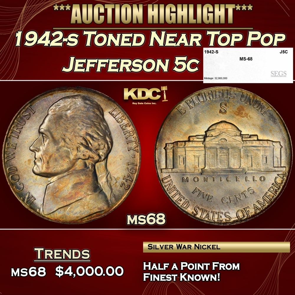 1942-s Jefferson Nickel Toned Near Top Pop 5c ms68 SEGS: 1942-s Toned Near Top Pop Jefferson Nickel 5c ms68 SEGS. 0