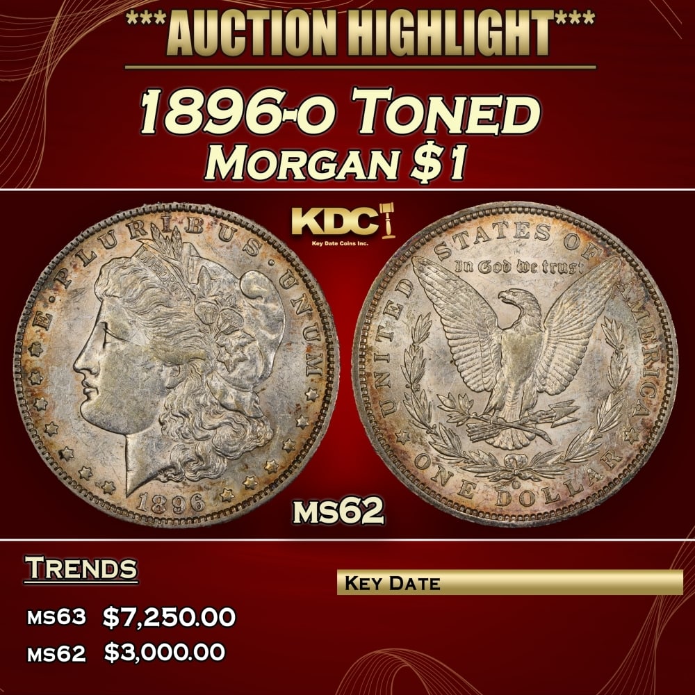 1896-o Morgan Dollar Toned $1 ms62 USCG: 1896-o Toned Morgan Dollar $1 ms62 USCG. 0