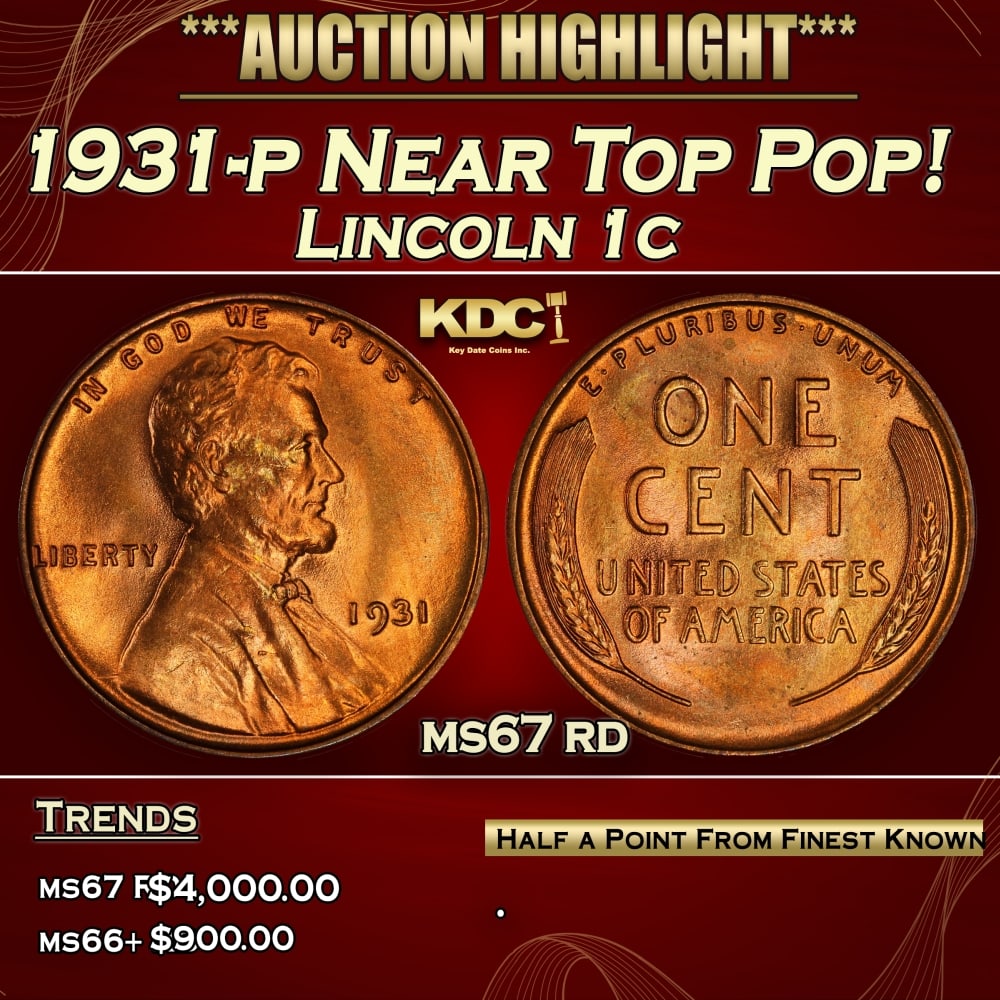 1931-p Lincoln Cent Near Top Pop! 1c ms67 rd SEGS: 1931-p Near Top Pop! Lincoln Cent 1c ms67 rd SEGS. 0
