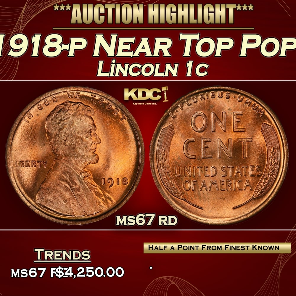 1918-p Lincoln Cent Near Top Pop! 1c ms67 rd SEGS: 1918-p Near Top Pop! Lincoln Cent 1c ms67 rd SEGS. 0