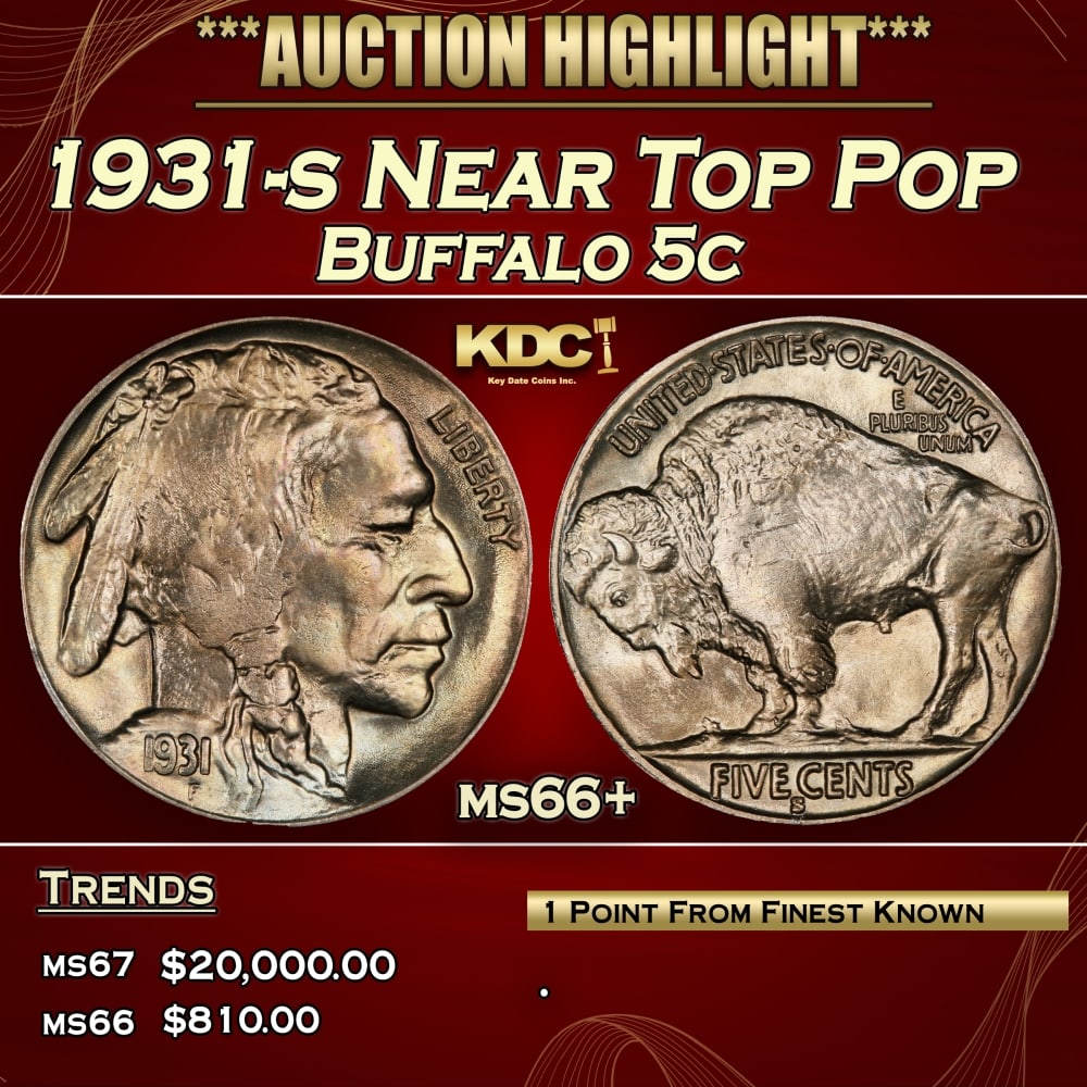 1931-s Buffalo Nickel Near Top Pop 5c ms66+ SEGS: 1931-s Near Top Pop Buffalo Nickel 5c ms66+ SEGS. 0