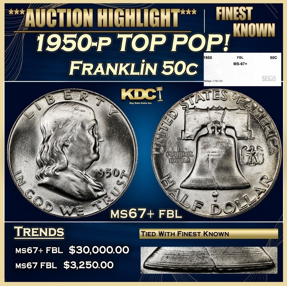1950-p Franklin Half Dollar TOP POP! 50c ms67+ fbl SEGS: 1950-p TOP POP! Franklin Half Dollar 50c ms67+ fbl SEGS. 0