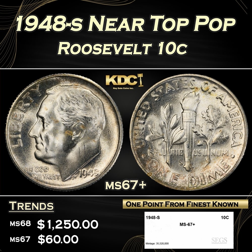 1948-s Roosevelt Dime Near Top Pop 10c ms67+ SEGS: 1948-s Near Top Pop Roosevelt Dime 10c ms67+ SEGS. 0