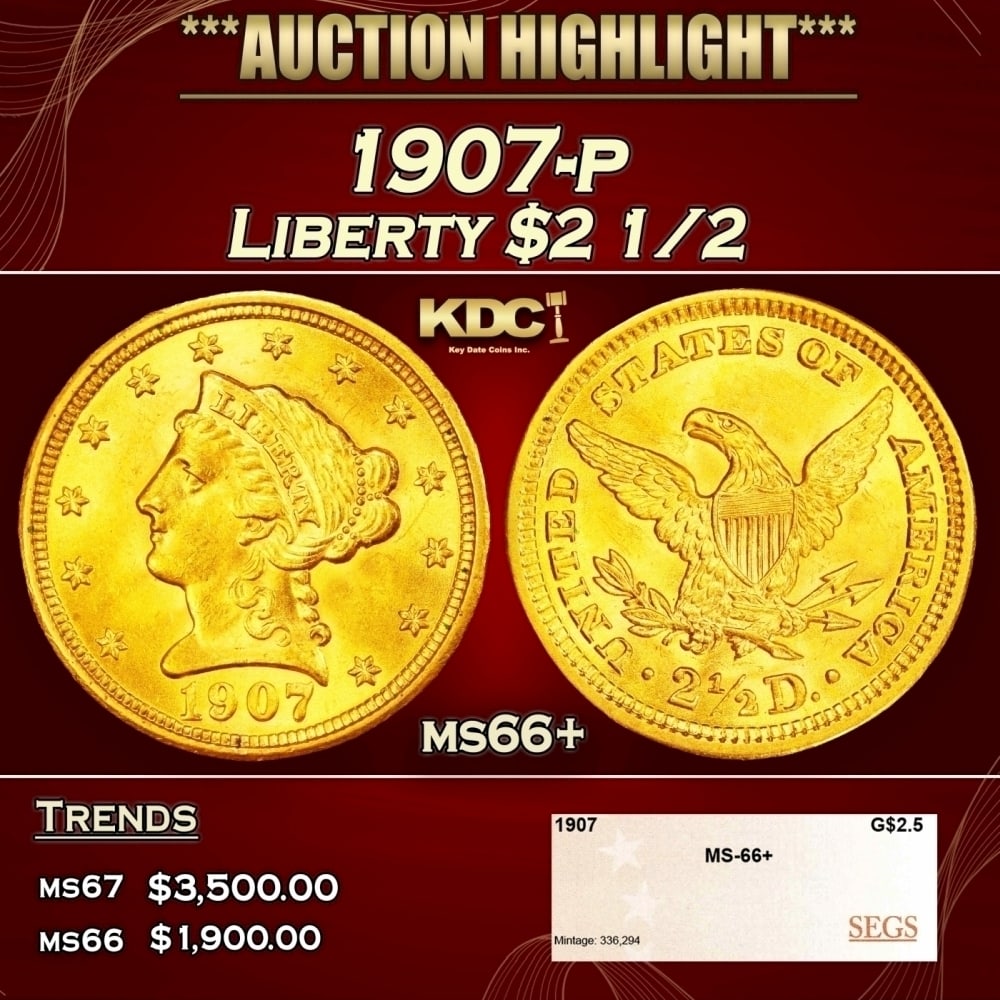 1907-p Gold Liberty Quarter Eagle $2 1/2 ms66+ SEGS: 1907-p Gold Liberty Quarter Eagle $2 1/2 ms66+ SEGS. 0