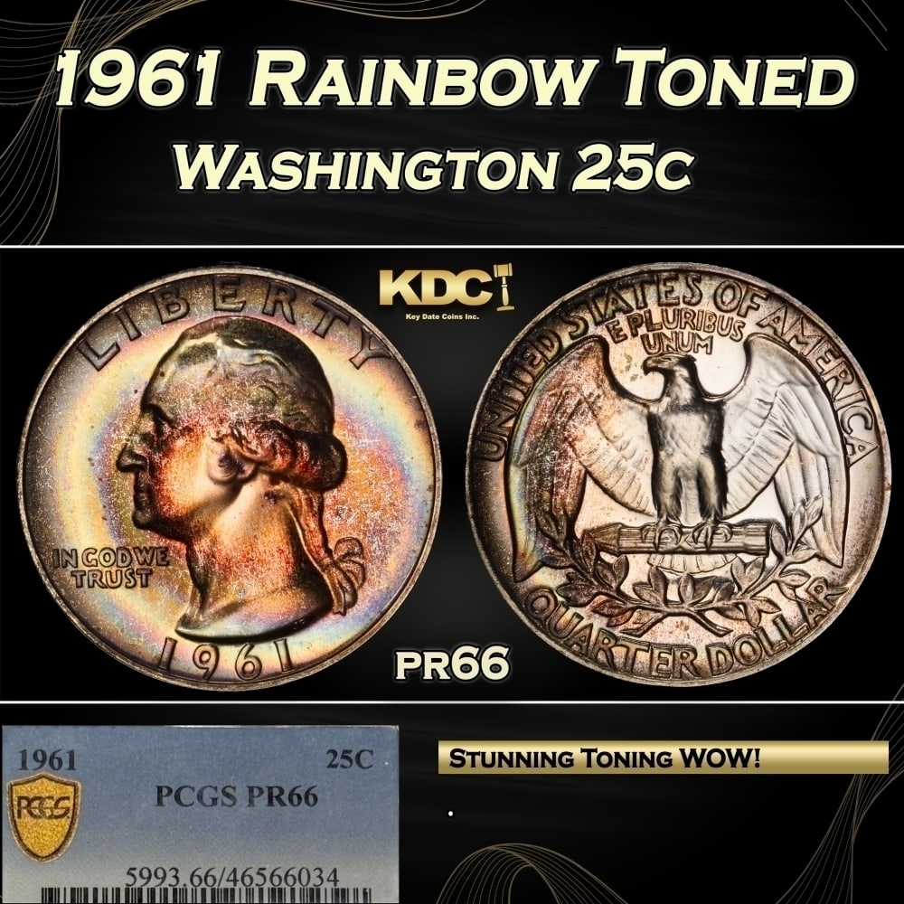 PCGS 1961 Proof Washington Quarter Rainbow Toned 25c pr66 PCGS: PCGS 1961 Rainbow Toned Washington Quarter 25c pr66 PCGS. 0