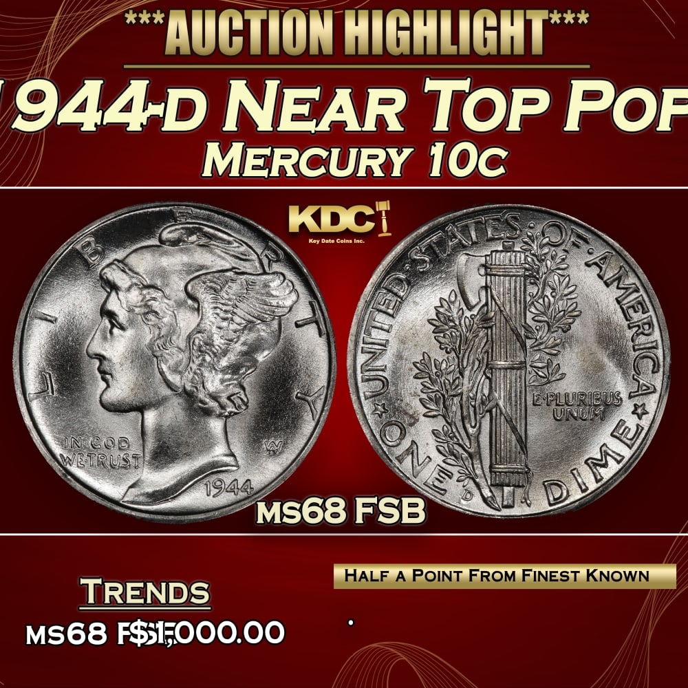 1944-d Mercury Dime Near Top Pop! 10c ms68 FSB SEGS: 1944-d Near Top Pop! Mercury Dime 10c ms68 FSB SEGS.