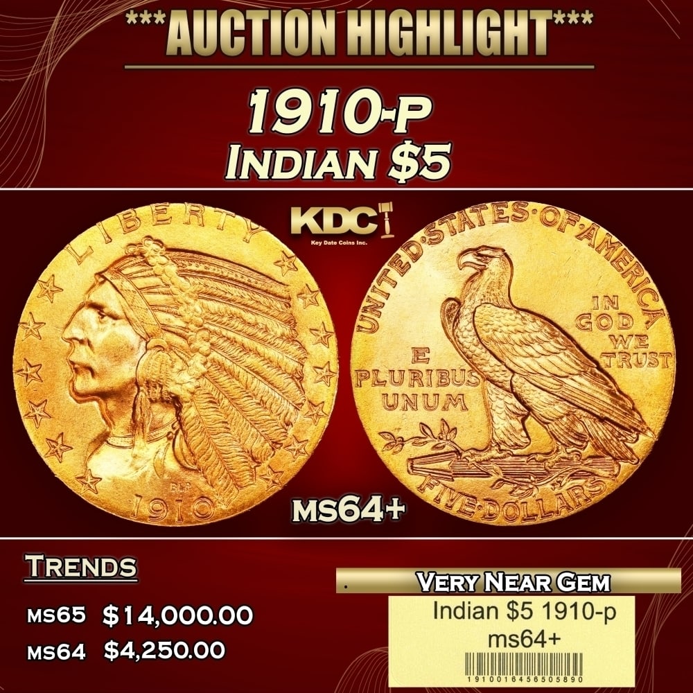 1910-p Gold Indian Half Eagle $5 ms64+ USCG: 1910-p Gold Indian Half Eagle $5 ms64+ USCG. Historic precious metal trends is causing increased spot pricing by the day. On auctions with set openings, we are doing our best to have items priced at t