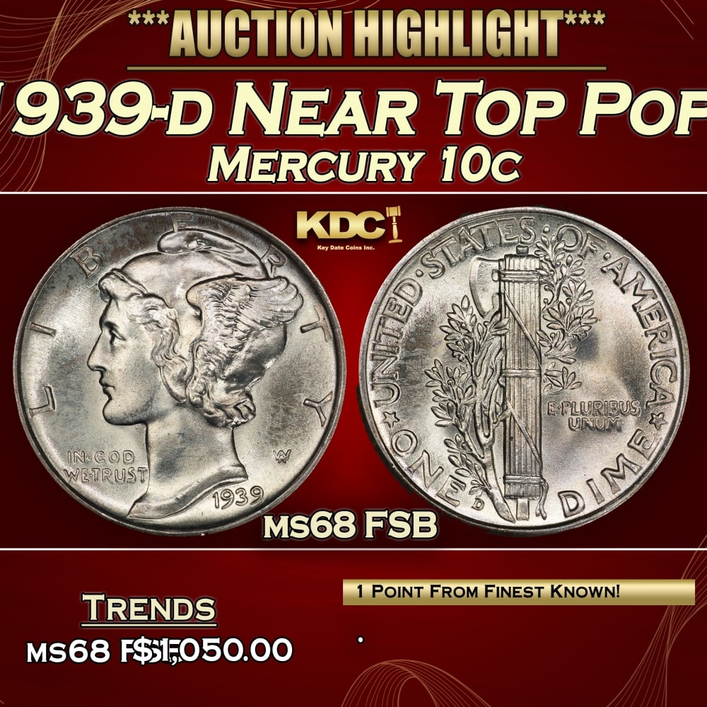 1939-d Mercury Dime Near Top Pop! 10c ms68 FSB SEGS: 1939-d Near Top Pop! Mercury Dime 10c ms68 FSB SEGS.